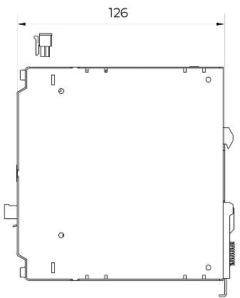 Technical drawing of a square electrical component, dimensions marked as 126.