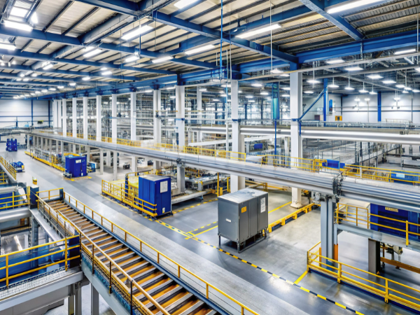 Automated conveyor system in a factory warehouse.