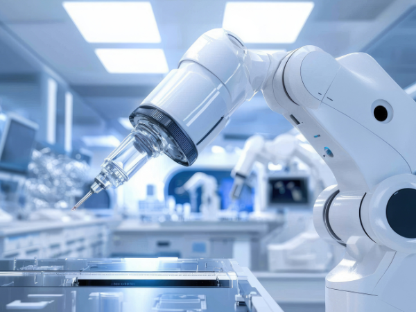 White robot arm in a lab setting.