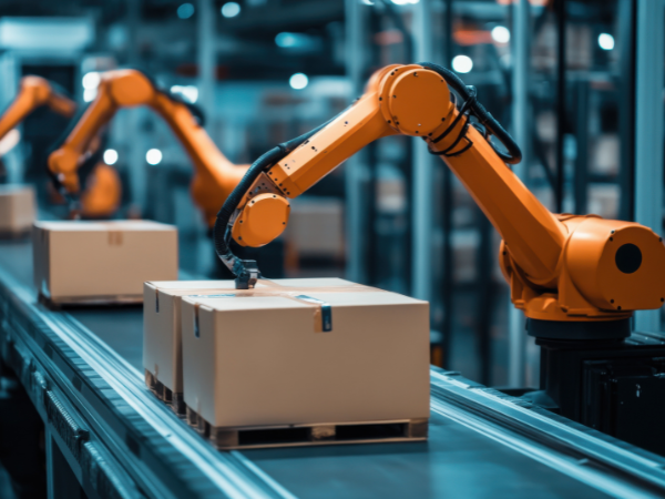 Orange robotic arms handling boxes on a conveyor belt.