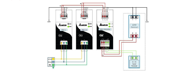 Electrical wiring diagram showing three power supply units connected to a load.