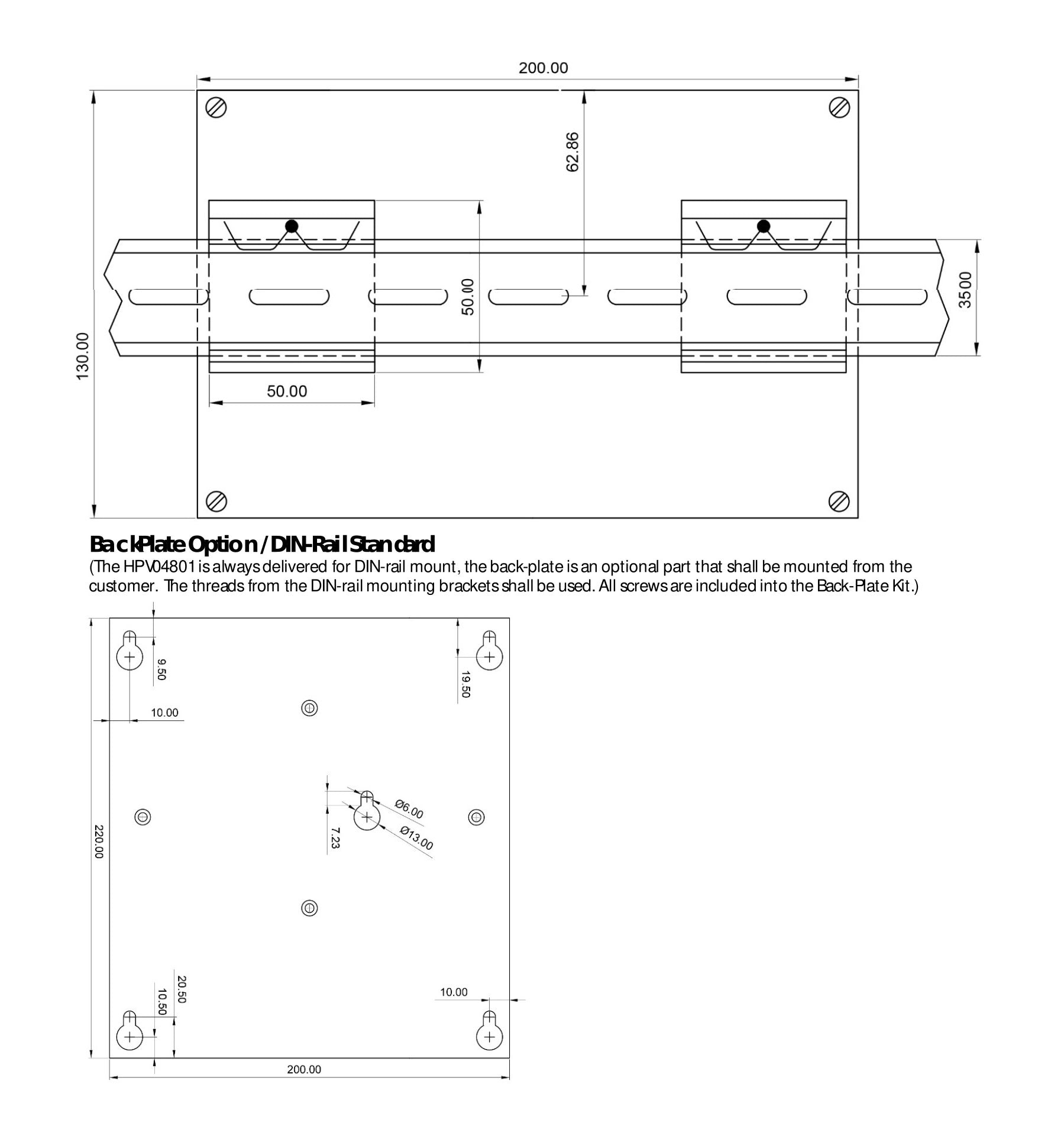 Technical drawing of a DIN rail mounted on a plate, with dimensions in millimetres.