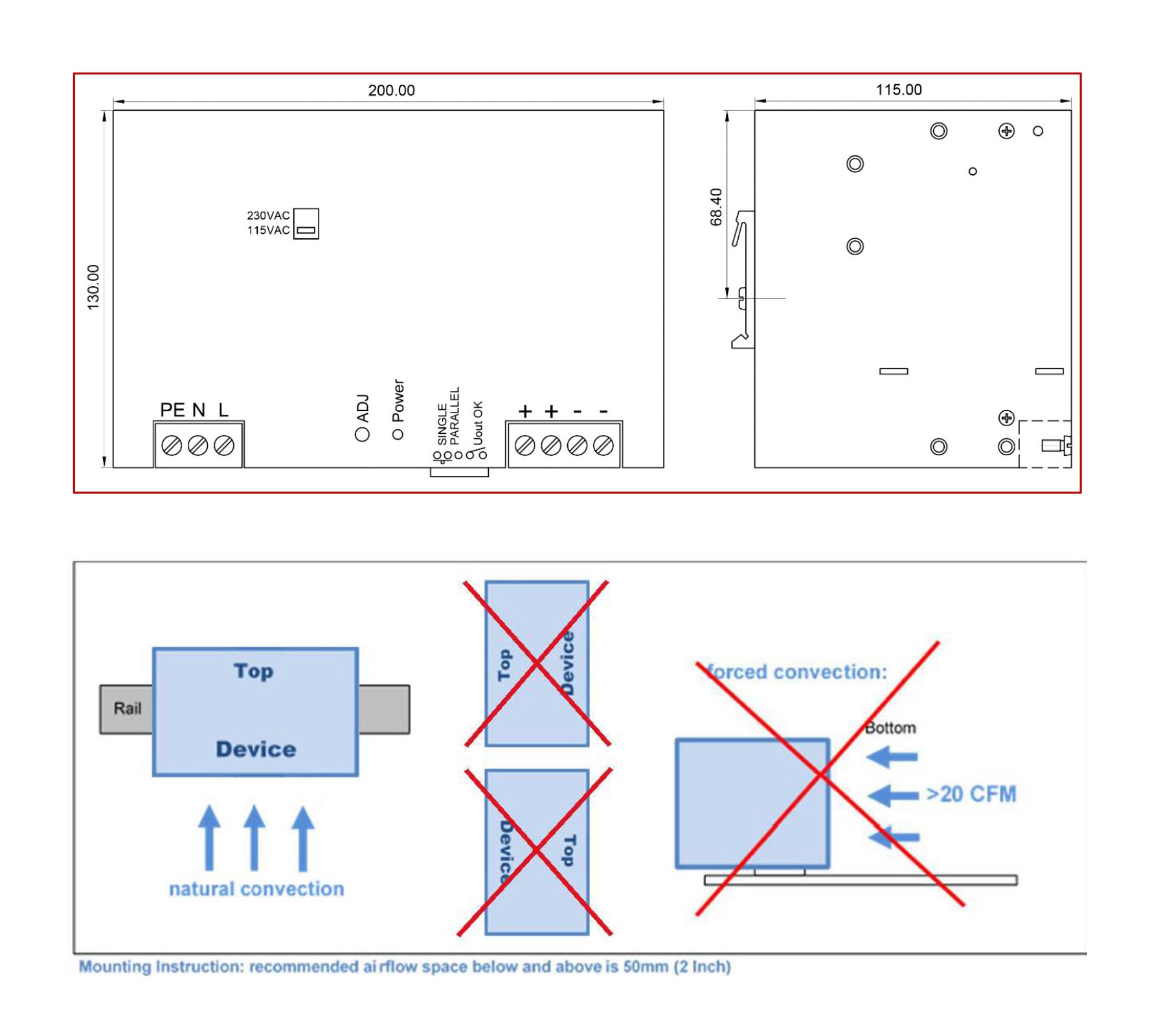 Electrical component diagram showing dimensions and mounting instructions.