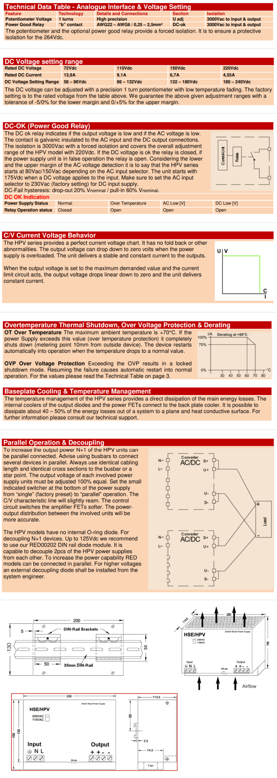 Diagrams and text showing the technical specifications of a HSE/HPV switch mode power supply unit.