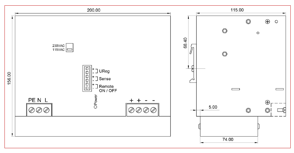 Electrical box schematic with measurements.