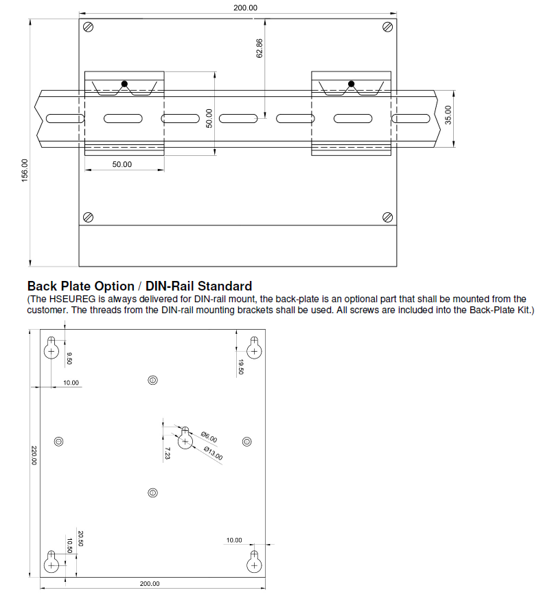 Technical drawing of a back plate with DIN-rail mount.