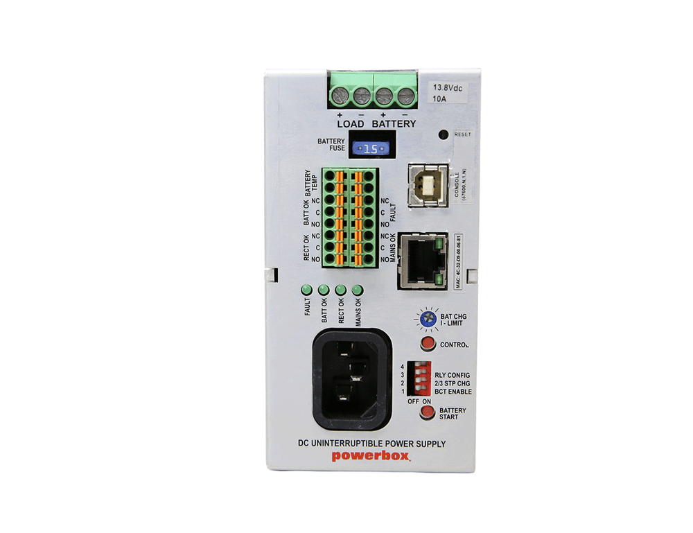 Powerbox PB358 DIN rail DC-UPS front panel, 13.8 Vdc 10 A, with Ethernet, USB console port and status LEDs