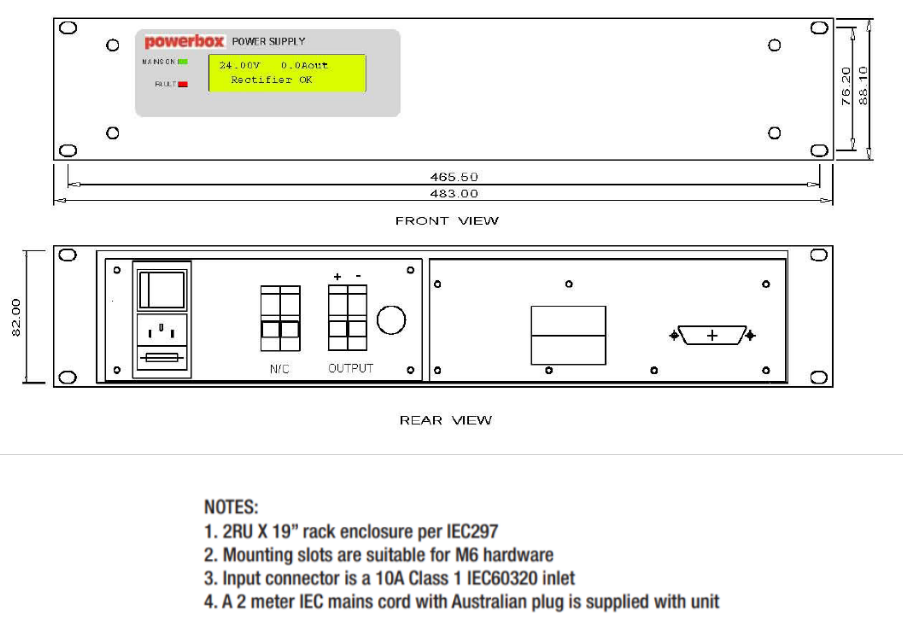 Front and rear schematic of a power supply unit.