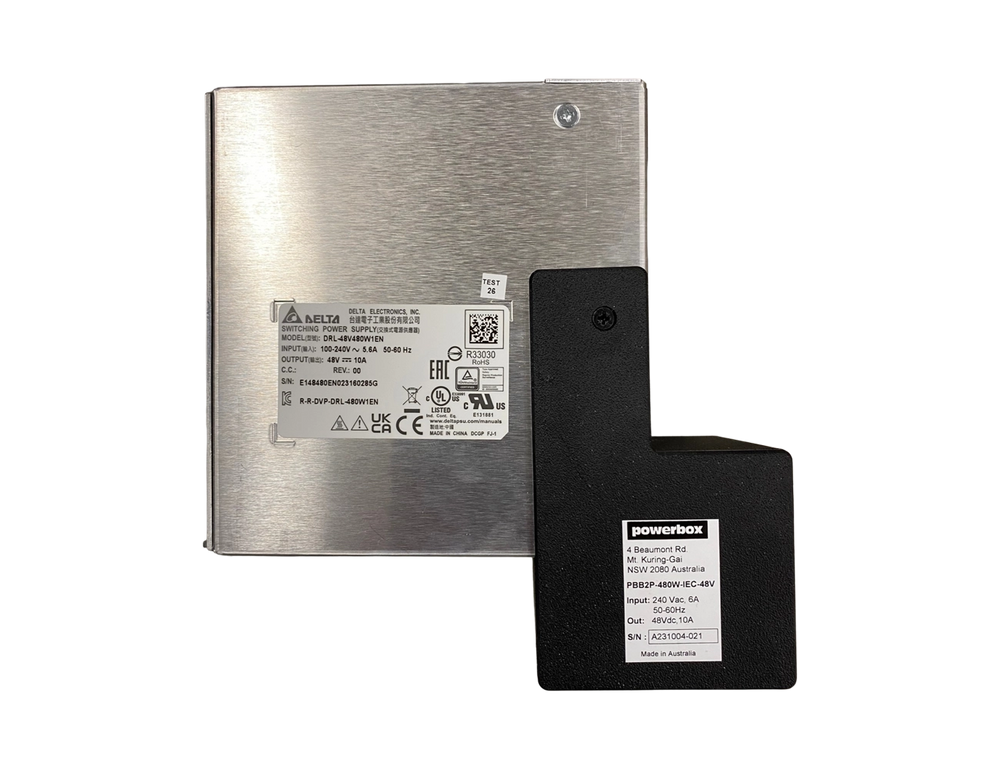 Powerbox PBB2P 480W AC/DC power supply showing front and back views, ideal for industrial applications.