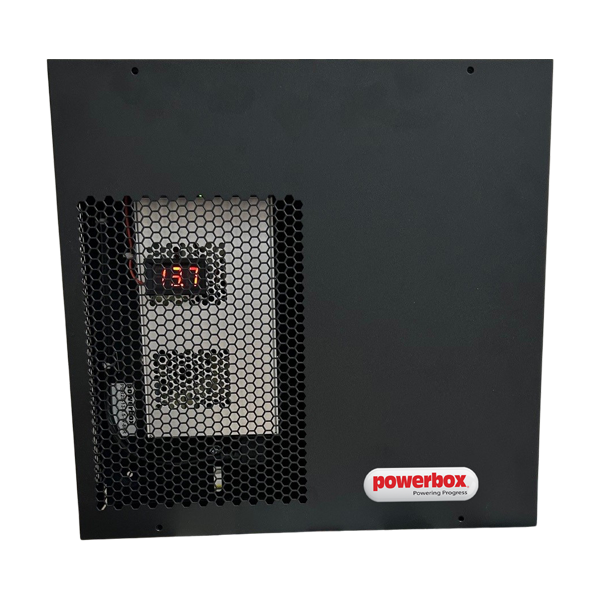Black Powerbox with grill and digital display showing 13.7.