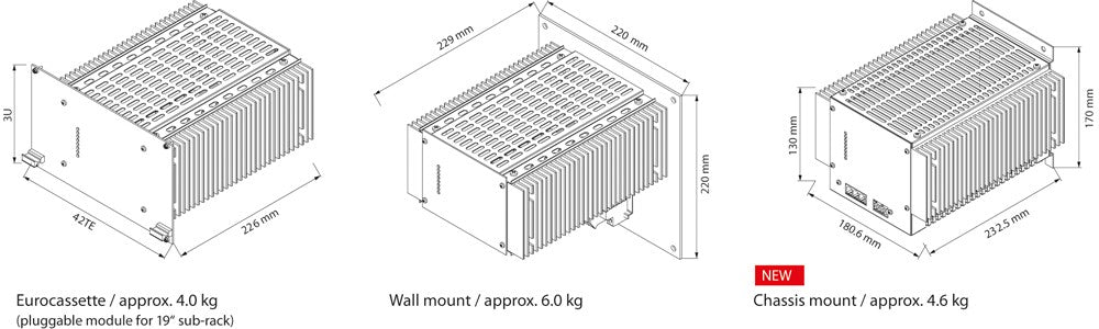 Technical drawing of three equipment module enclosures, showing dimensions.