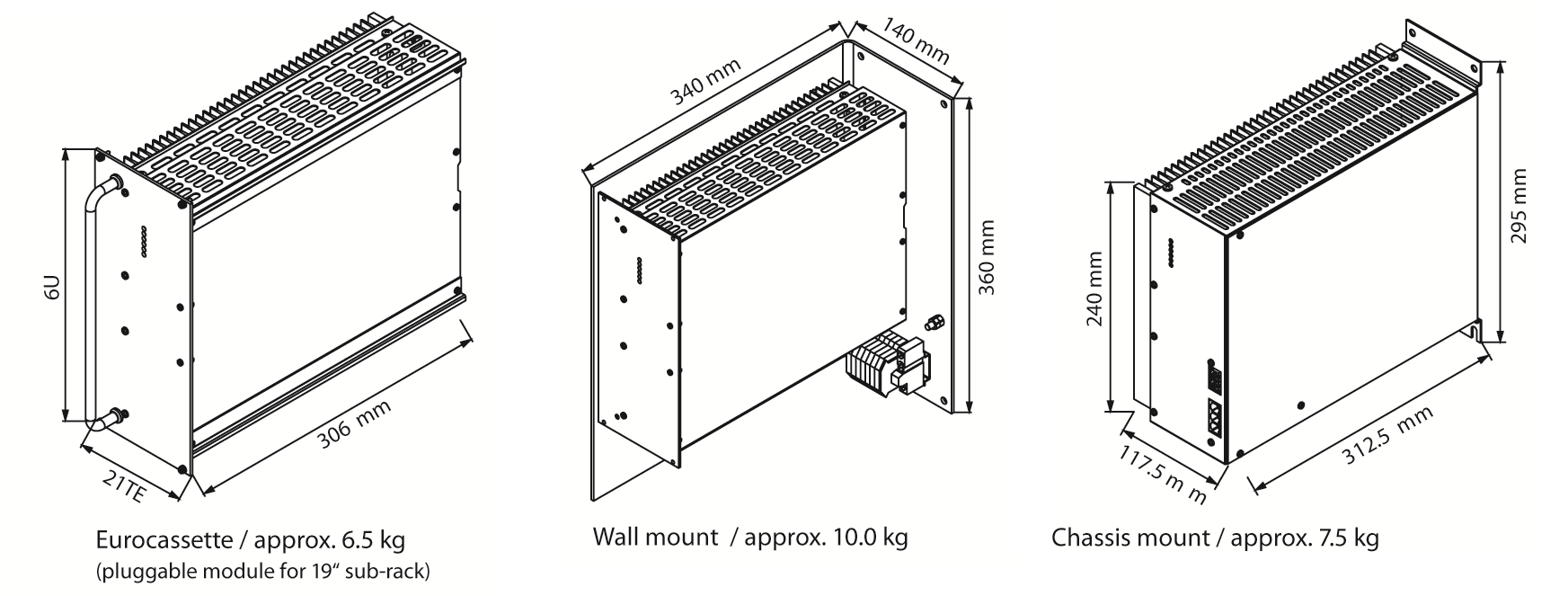 Technical drawing showing dimensions for eurocassette, wall mount and chassis mount units.