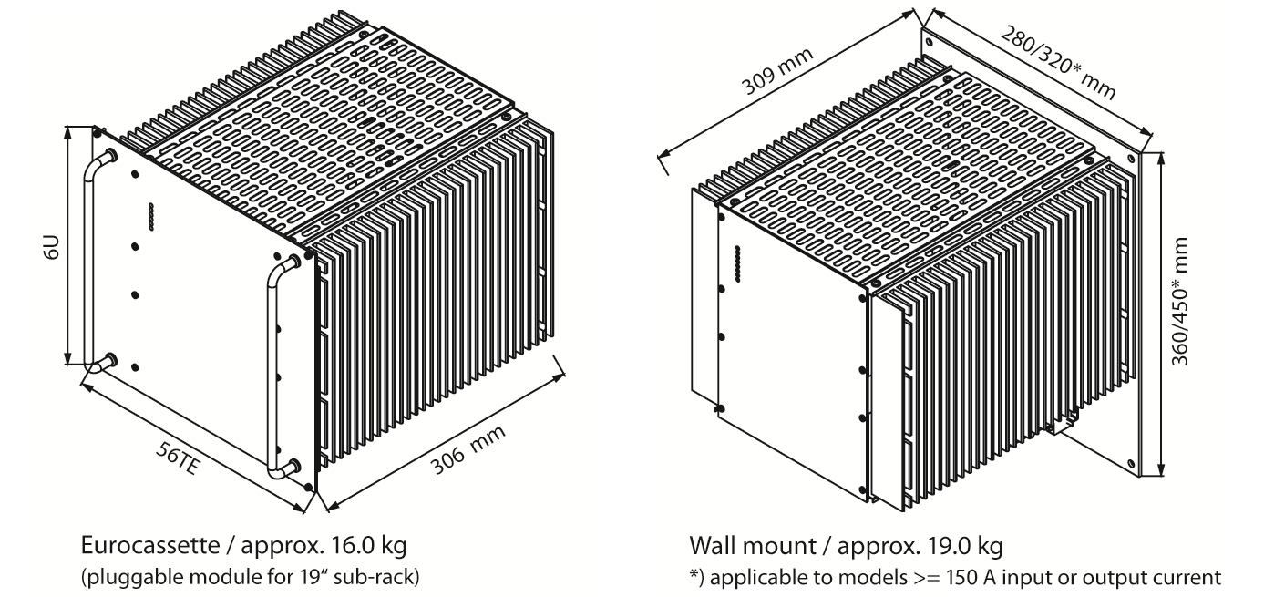 Technical drawing of two equipment enclosures with dimensions.