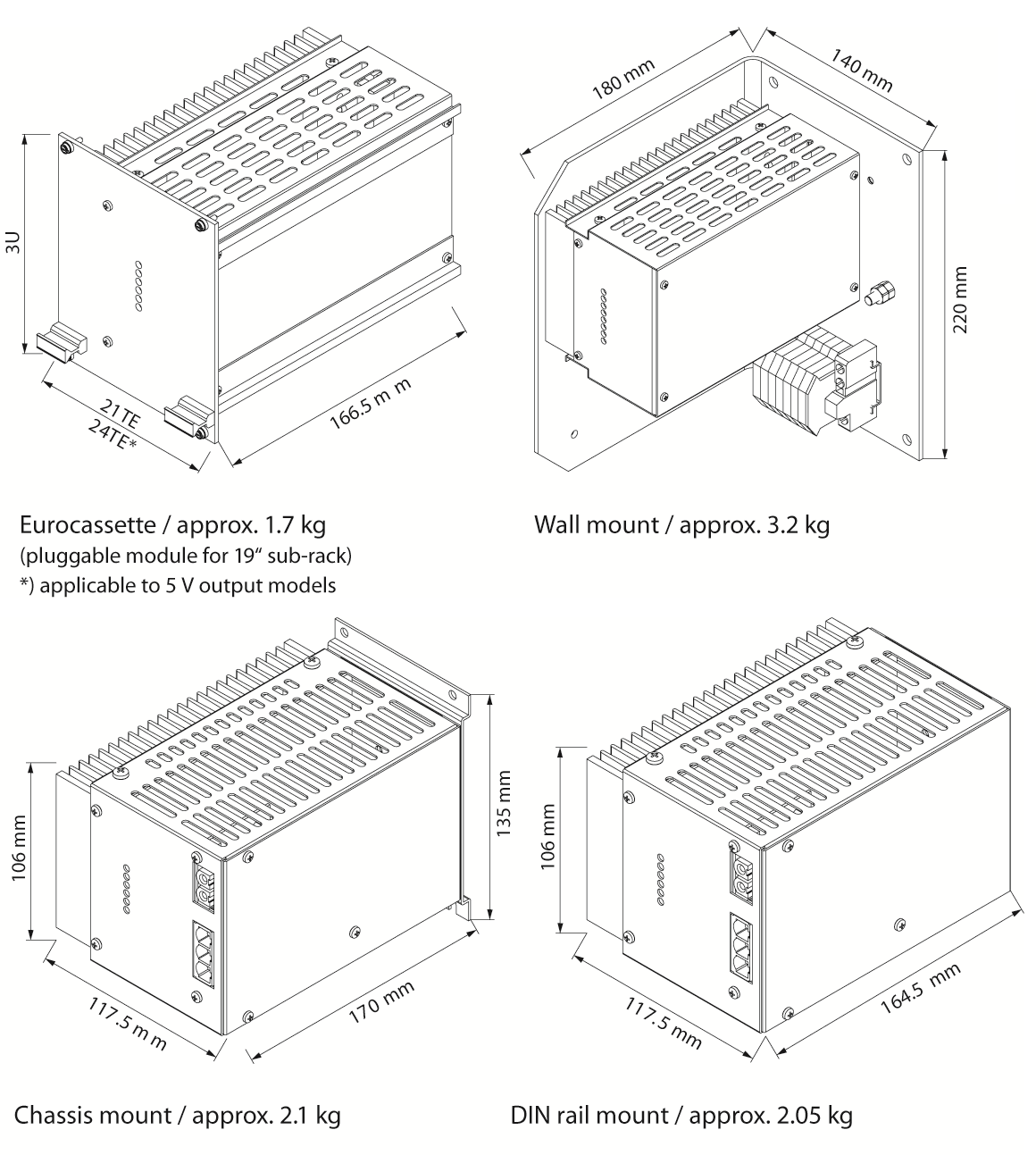 Four schematics showing different mounting options for an enclosure with dimensions.