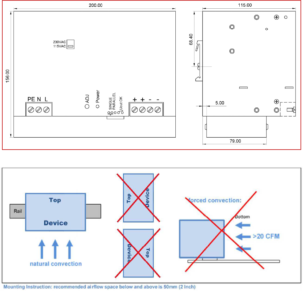 Technical drawing of a power supply with airflow instructions.