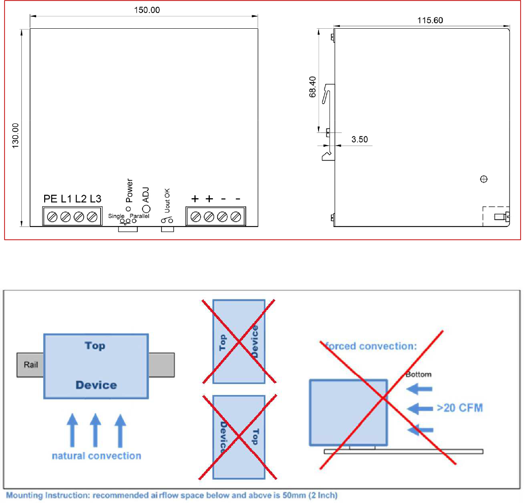 Technical drawing of a power supply unit with dimensions and mounting instructions.