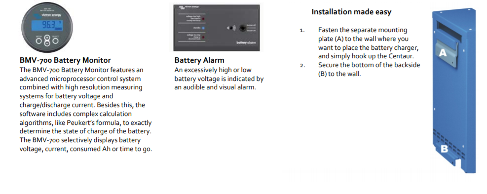 Battery gear: monitor, alarm, and blue Centaur charger.