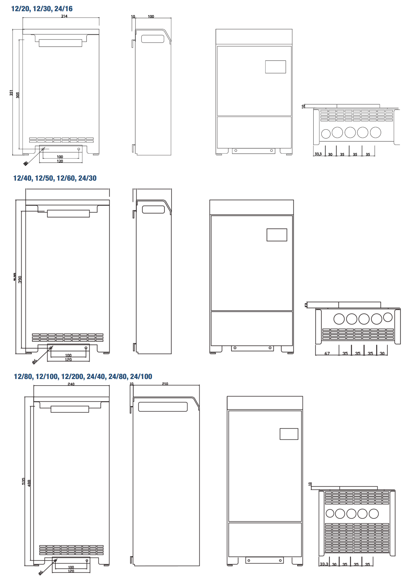 Technical drawings of various sizes of water heaters.