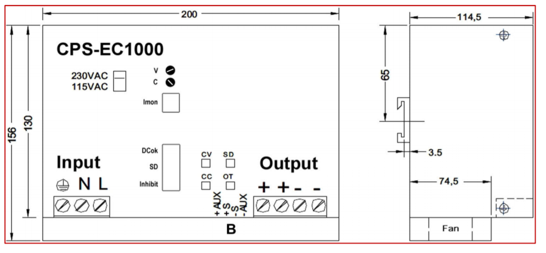 Technical drawing of a CPS-EC1000 power supply, with dimensions.
