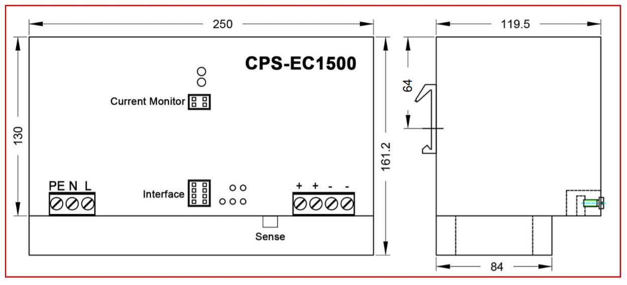 Technical drawing of a CPS-EC1500 unit with dimensions.