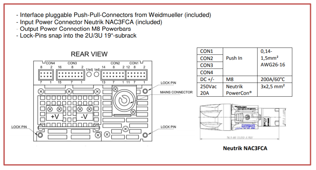 Electrical component diagram showing rear view and connector specs.