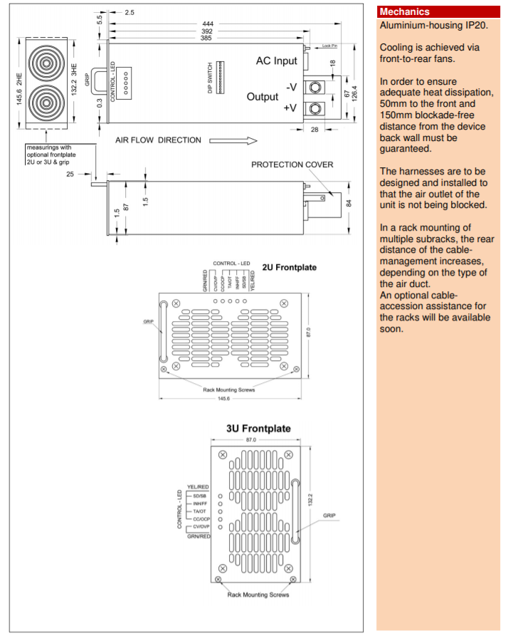 Technical drawing of a power supply unit with front panel options.