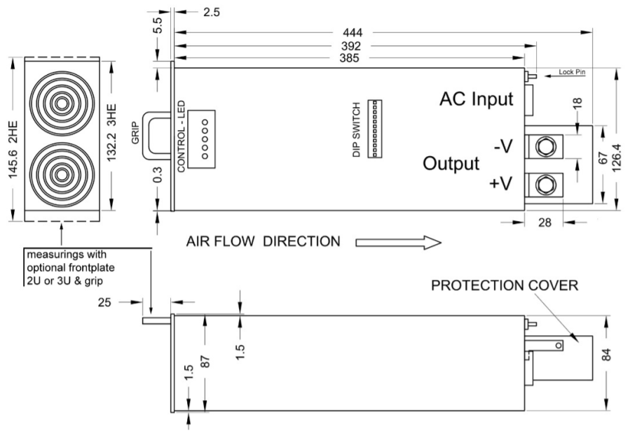 Technical drawing of a power supply unit, showing dimensions and air flow.