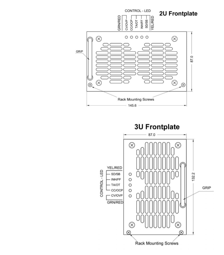 Technical drawing showing 2U and 3U rackmount frontplates.
