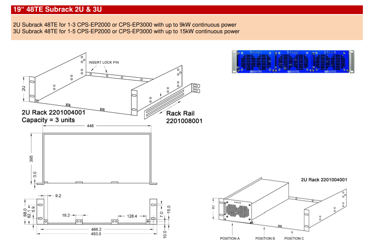 Technical drawing of a 2U subrack, rail, and example setup.