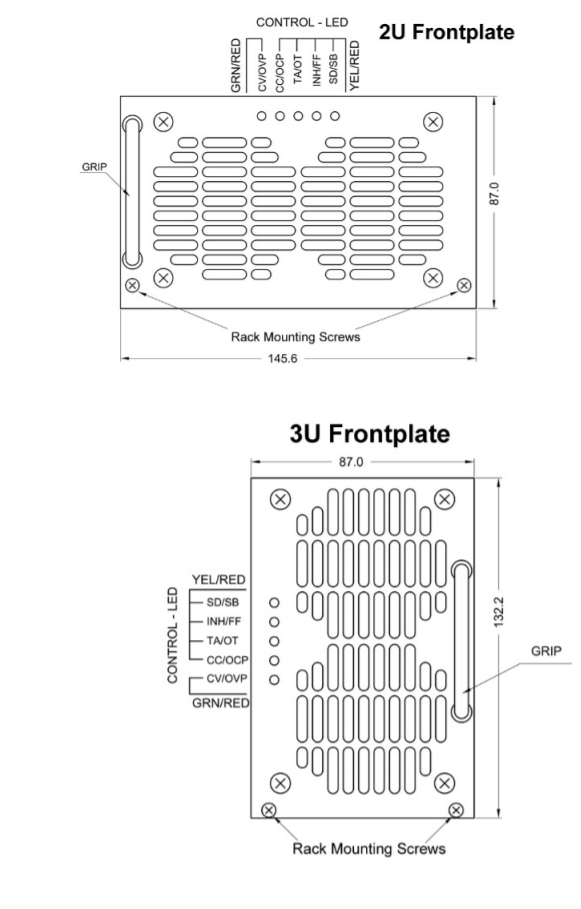 Technical drawings of 2U and 3U server rack frontplates.