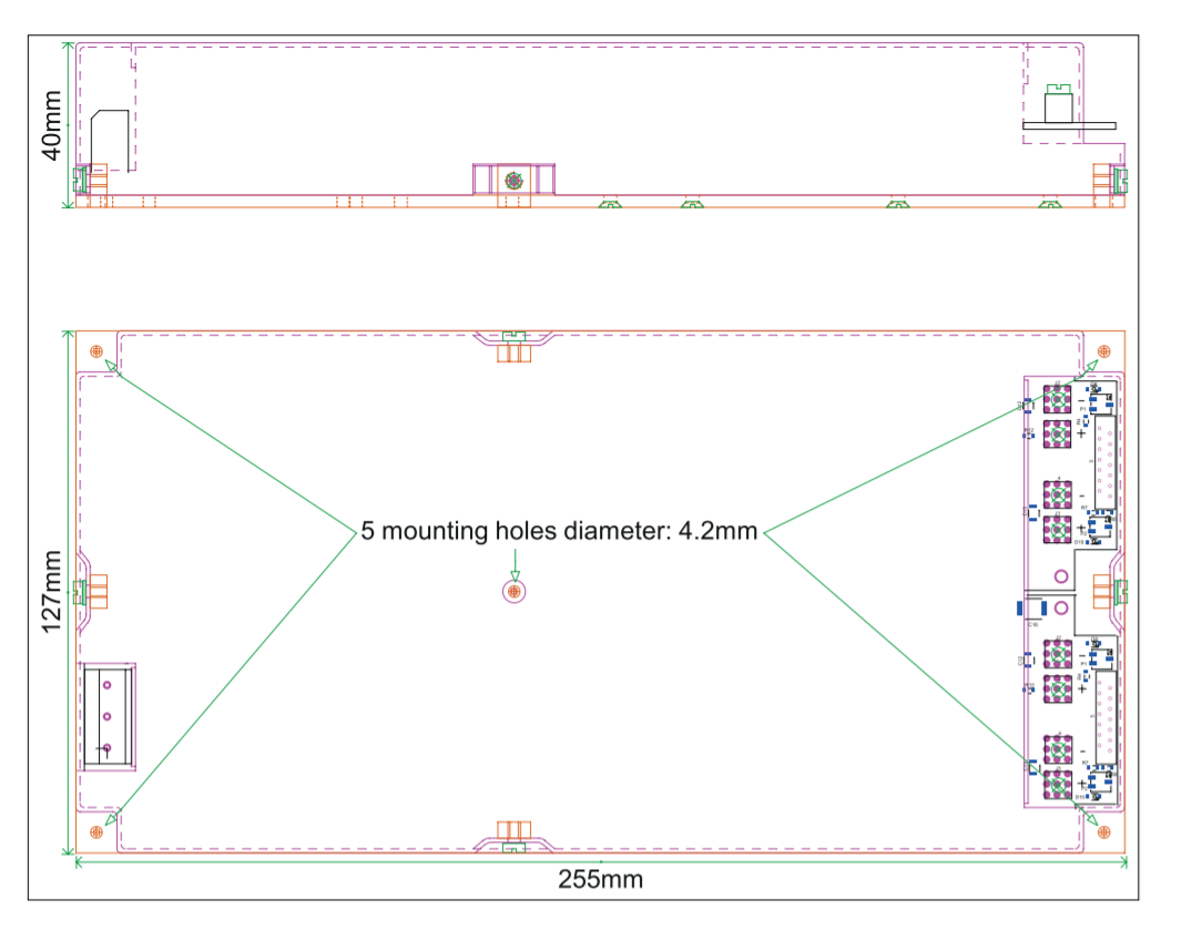Technical drawing of a rectangular enclosure, top and plan views, with dimensions and mounting hole details.