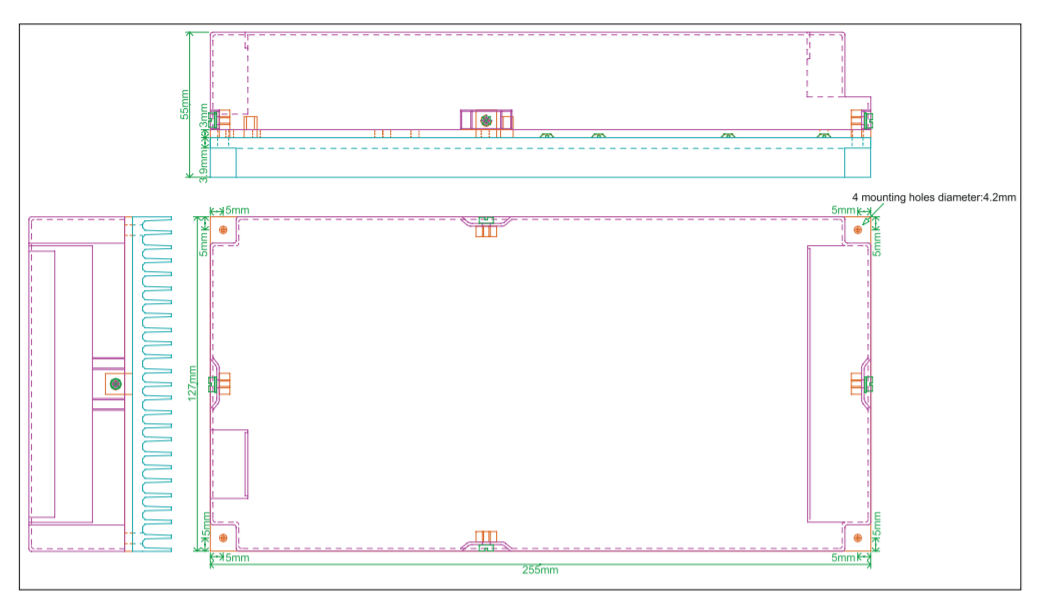 Technical drawing of a gizmo, showing top and front views with dimensions.
