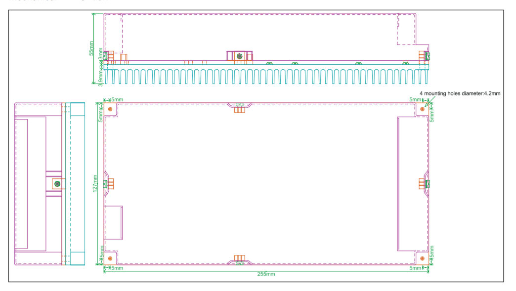Technical drawing of an enclosure with dimensions.