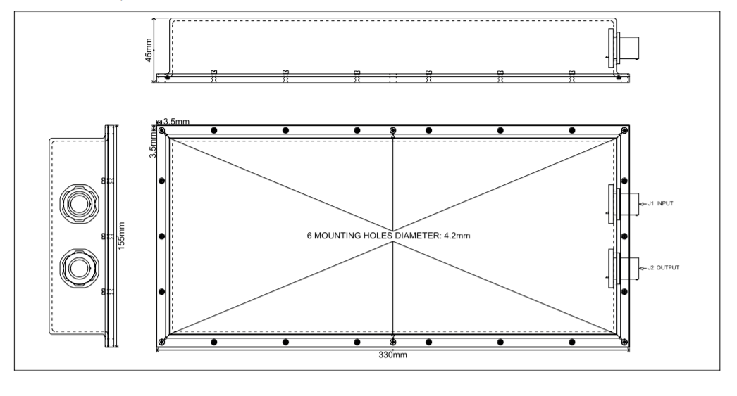 Technical drawing of a rectangular box with dimensions.