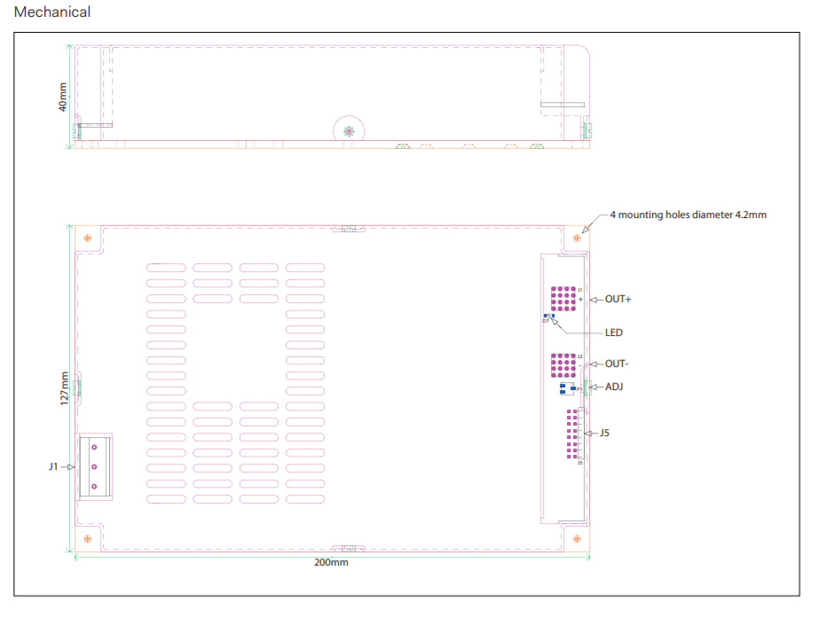 Technical drawing of an enclosure, showing dimensions and component layout.