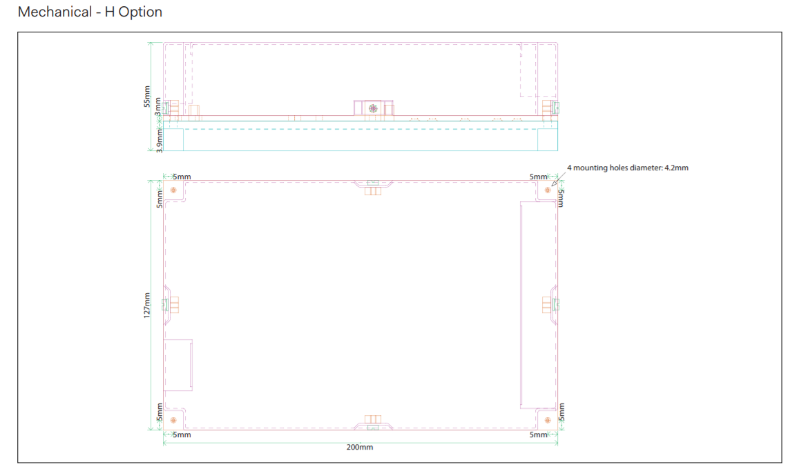 Technical drawing of a box, top and side views, with dimensions in millimetres.