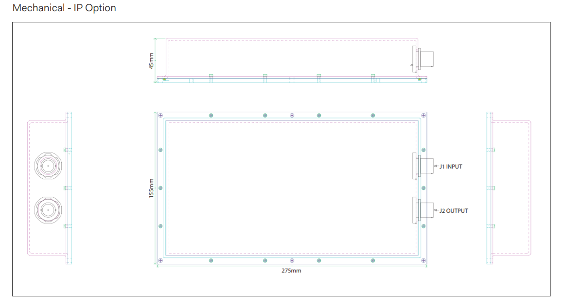 Technical drawing of an IP rated enclosure, showing dimensions.