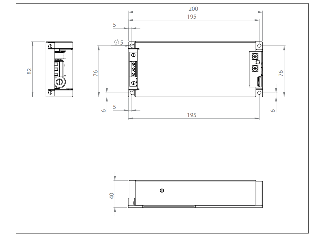 Technical drawing with dimensions of a rectangular gizmo.