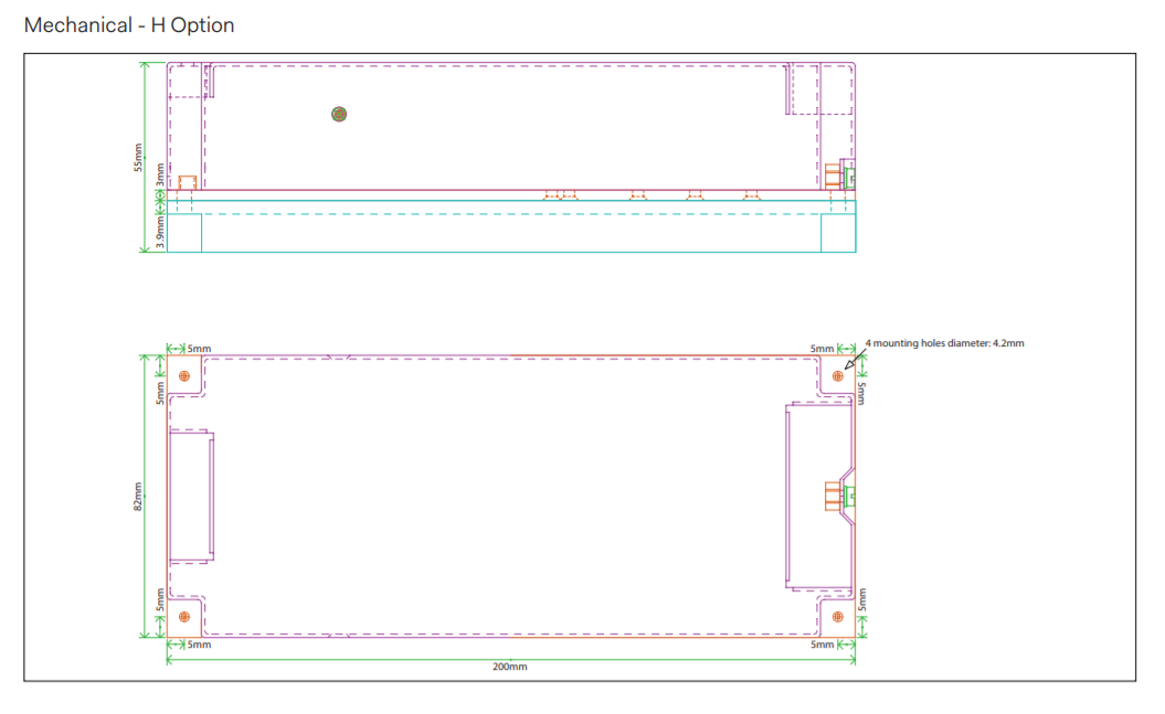 Technical drawing of a box, top and plan view, with measurements.