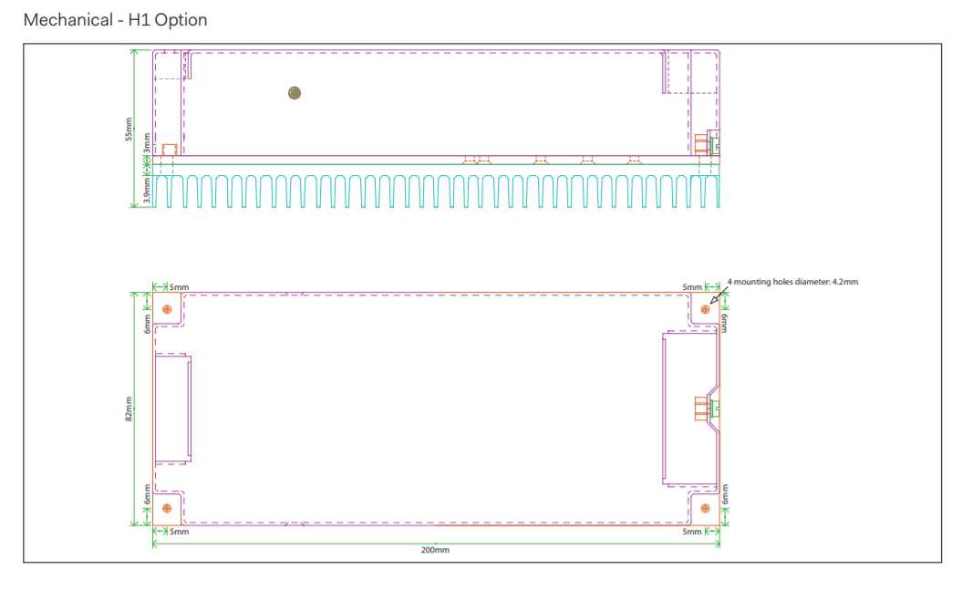 Mechanical drawing of a gadget enclosure, with side and top views and dimensions.