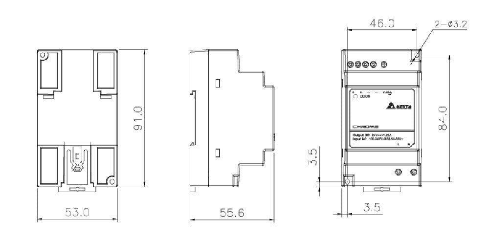 Technical drawing of a Delta DIN rail power supply, with dimensions.