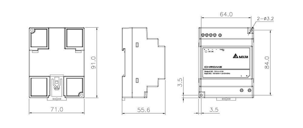 Technical drawing of a DIN rail power supply with dimensions.