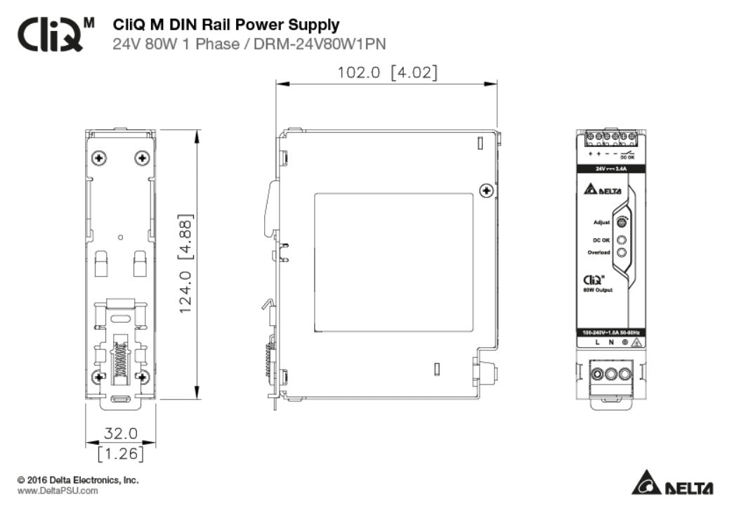 Technical drawing of a CliQ M DIN rail power supply.