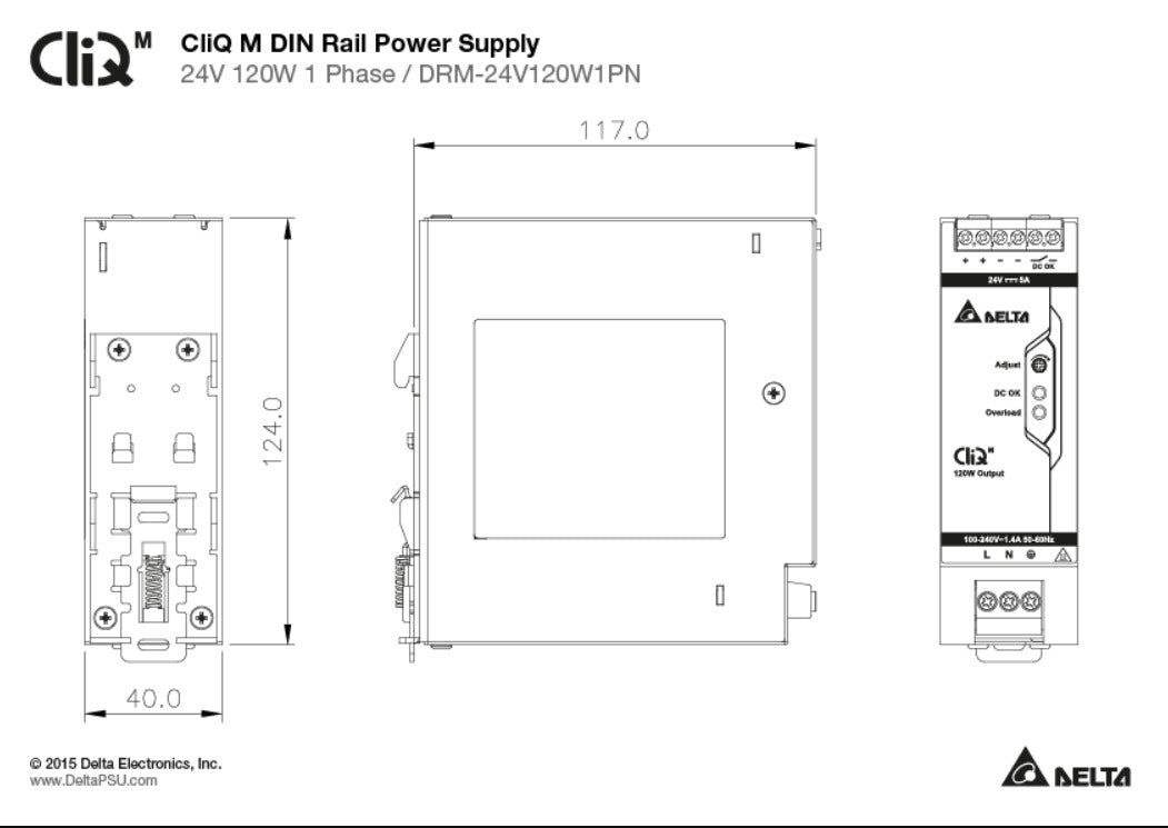 Technical drawing of a CliQ M DIN rail power supply unit.