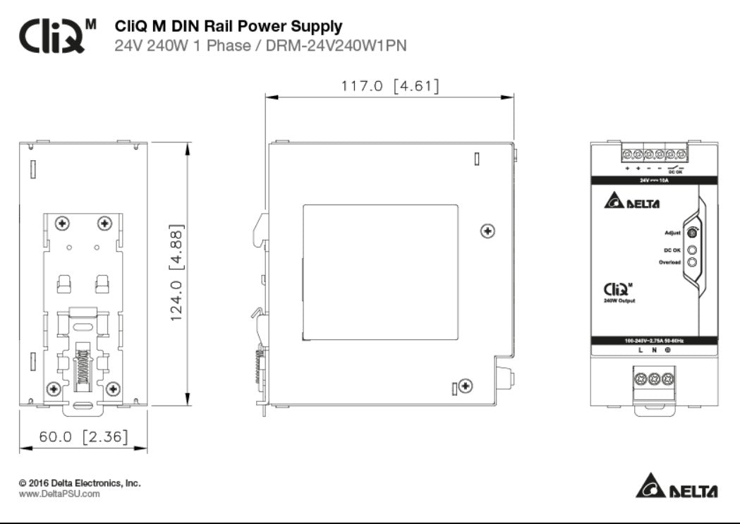 Diagram of CliQ M DIN rail power supply with dimensions.