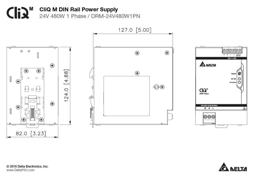 Technical drawing of a Cliq M DIN rail power supply, showing dimensions.
