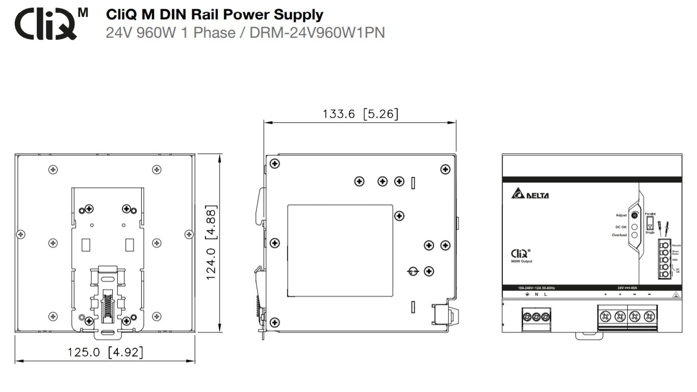 Diagram of a CliQ M DIN rail power supply.
