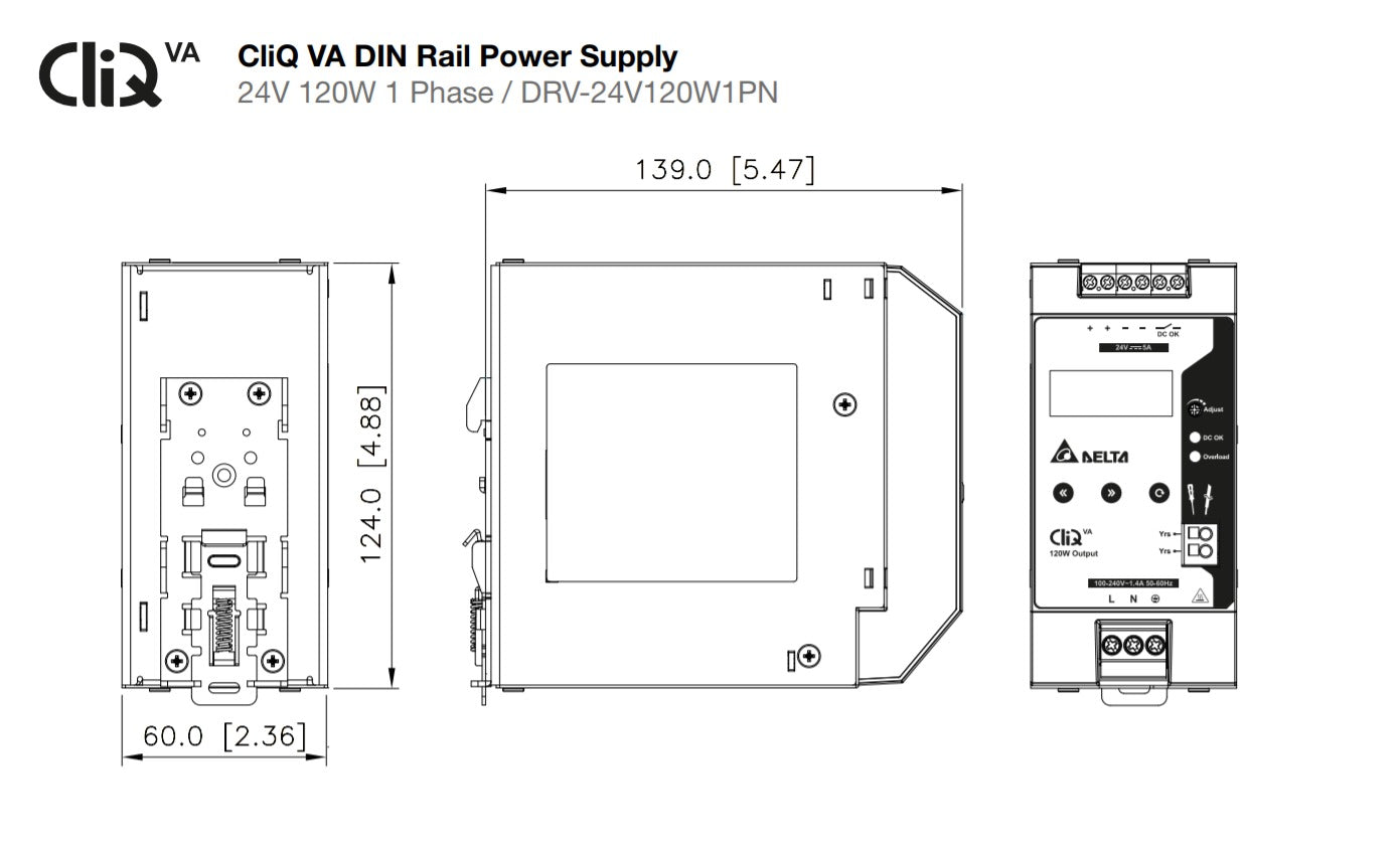 Technical drawing of a CliQ VA DIN rail power supply.