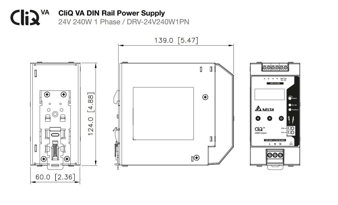 Technical drawing of a CliQ DIN rail power supply unit.