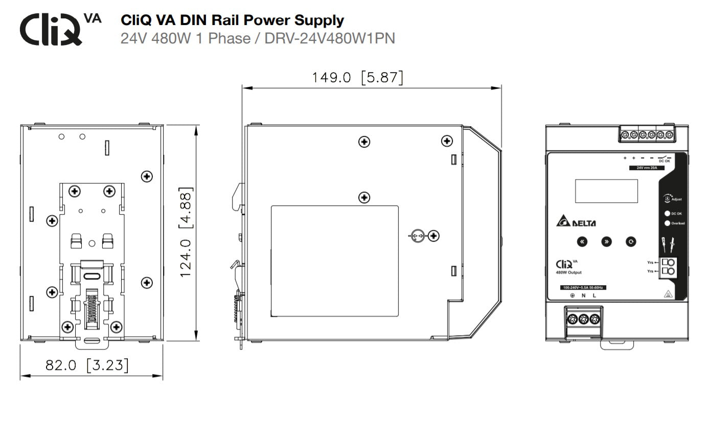 CliQ DIN rail power supply dimensions and specifications.